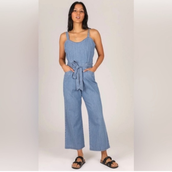 Flowy Wide Leg Denim Jumpsuit - Picture 1 of 7